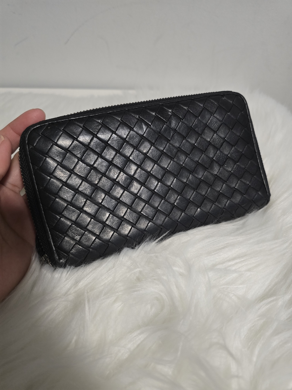 Bottega Venetta Black Woven Zip Around Wallet